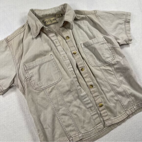 Tops - Vintage Beige Short-Sleeve cropped Button-Up Shirt minimalist natural